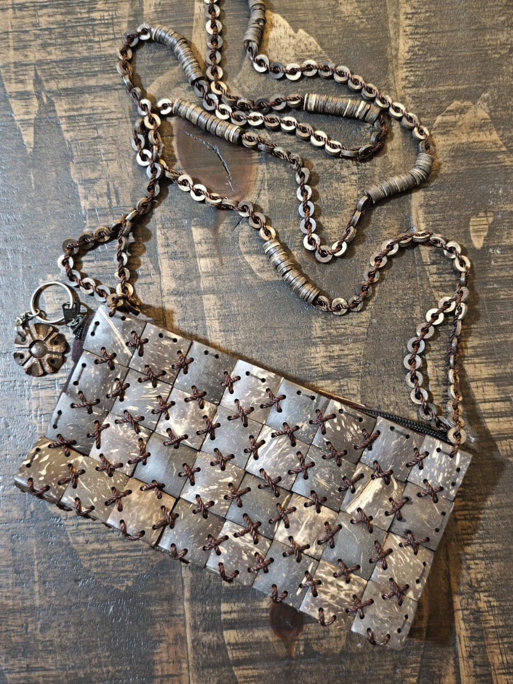 Handcrafted Coconut Shell Cross-Stitch Shoulder Bag in Brown-Tone